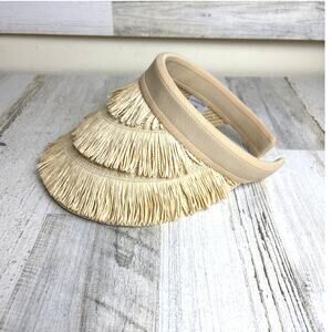 Women’s One Size Paradise Straw Palm Sun Visor Hat Fringed Natural Wide Brim New